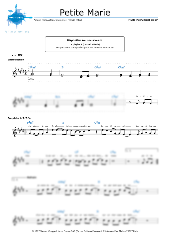 Partition Petite Marie (Francis Cabrel) partition facile Noviscore