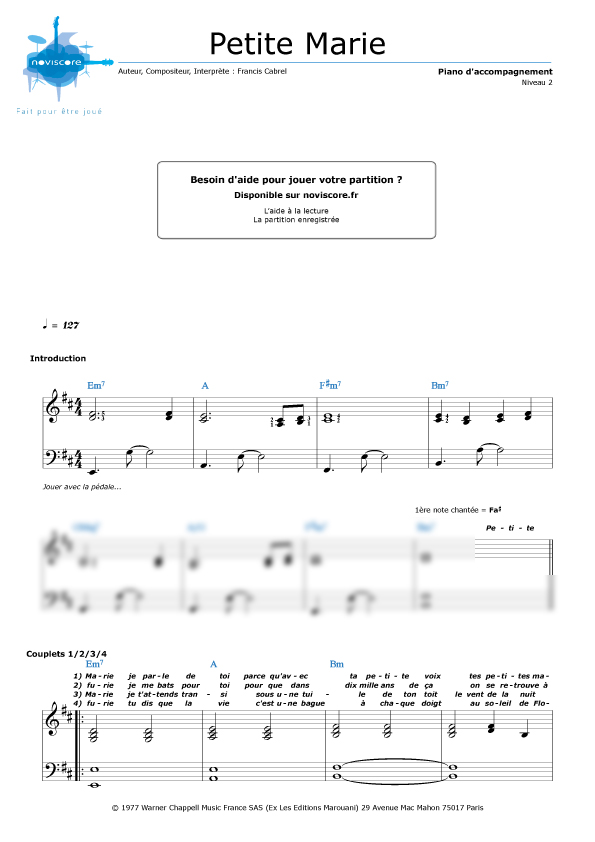 Partition piano Petite Marie (Francis Cabrel) Partitions Noviscore