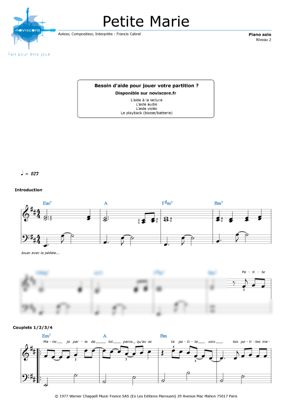 Partition piano Petite Marie (Francis Cabrel) Partitions Noviscore