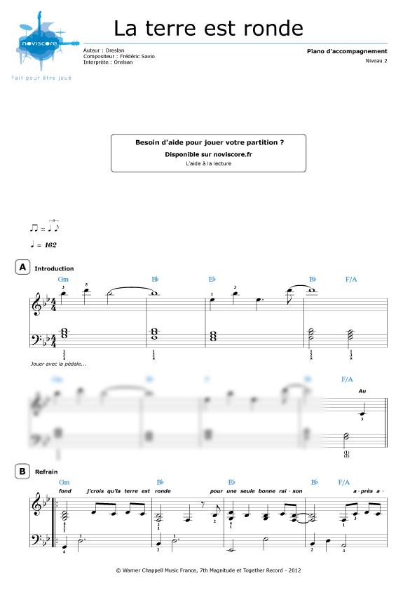 Partition piano La terre est ronde (Orelsan) Partitions Noviscore