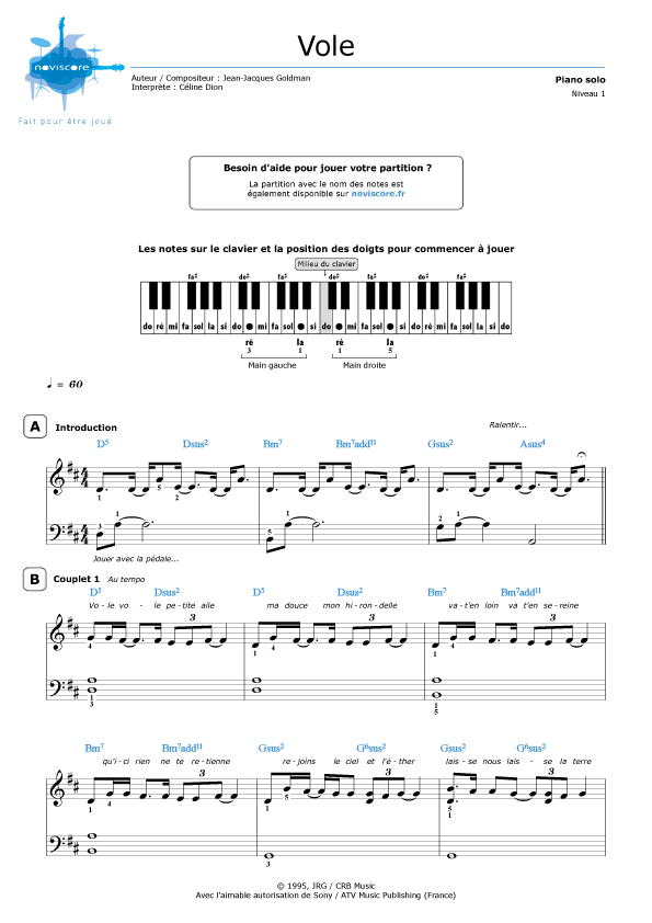 Partition de piano Vole de Céline Dion Noviscore