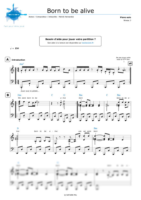 Partition piano Born to be alive (Patrick Hernandez) Partitions Noviscore
