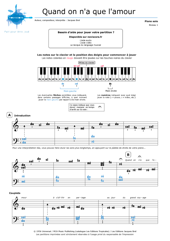 Partition piano Quand on n'a que l'amour (Jacques Brel) Partitions