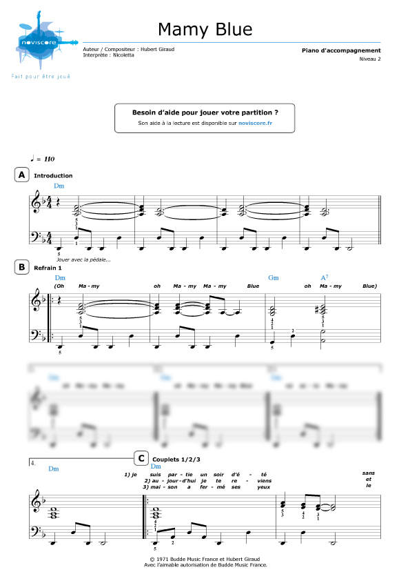 Partition piano Mamy Blue (Nicoletta) Partitions Noviscore