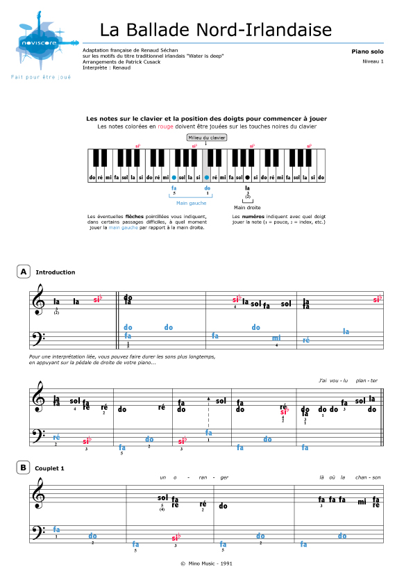 Partition piano La Ballade NordIrlandaise (Renaud) Partitions Noviscore
