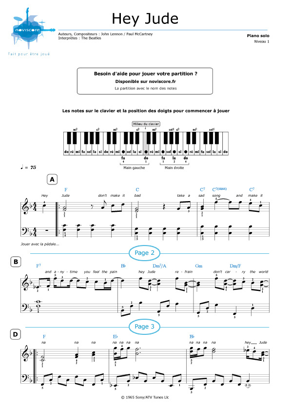 Partition de piano Hey Jude de The Beatles Noviscore