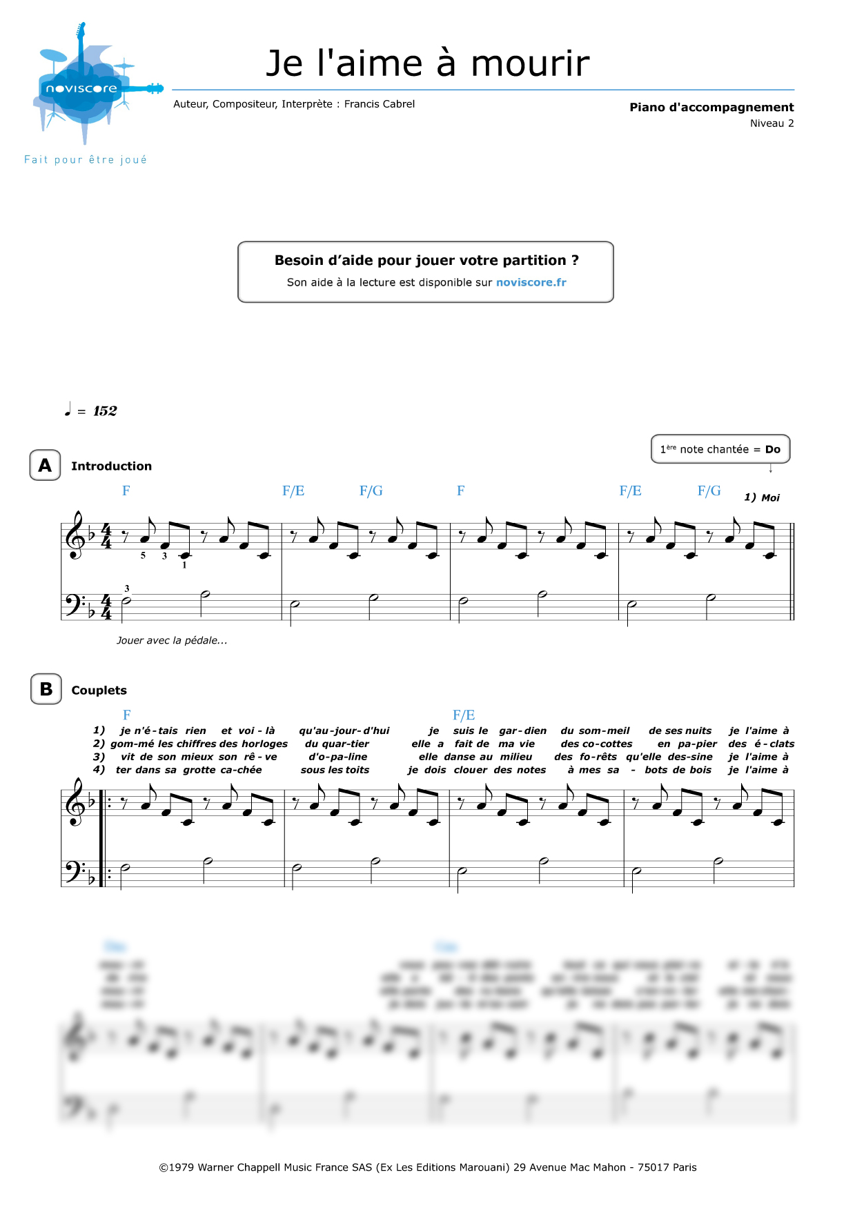 Partition piano Je l'aime à mourir (Francis Cabrel) Partitions Noviscore