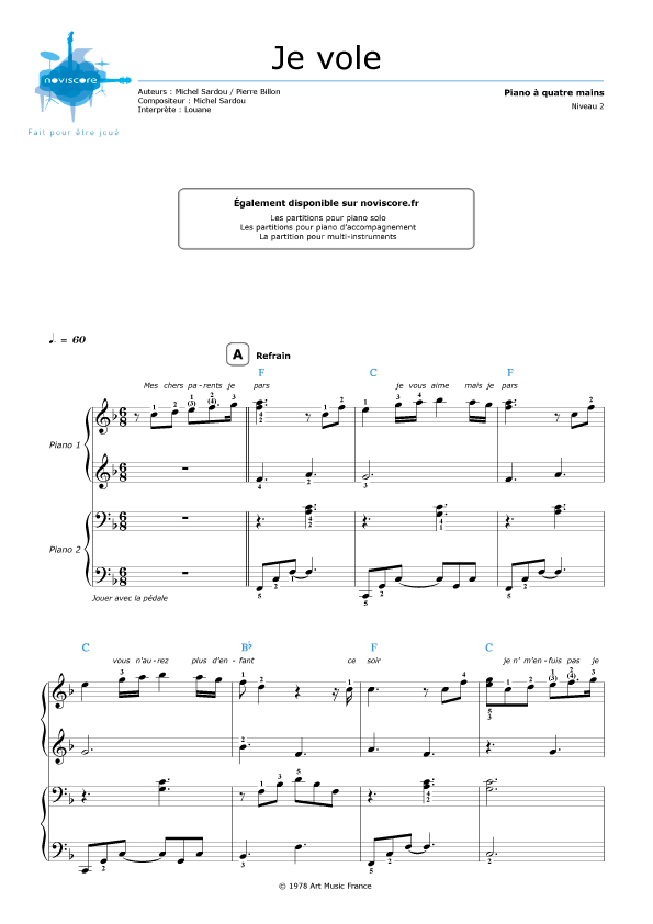 Partition piano 4 mains Je vole (Louane Emera) Partitions Noviscore