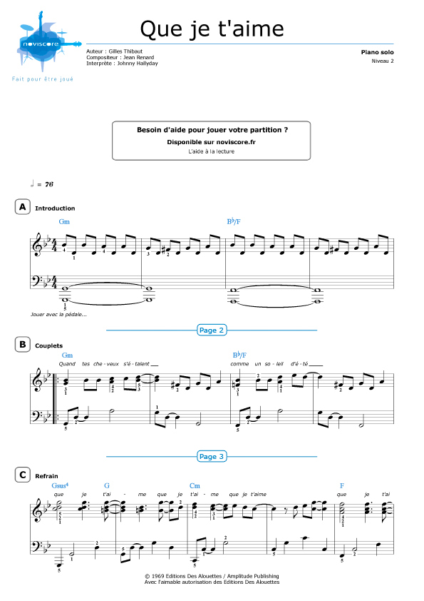 Partition piano Que je t'aime (Johnny Hallyday) Partitions Noviscore