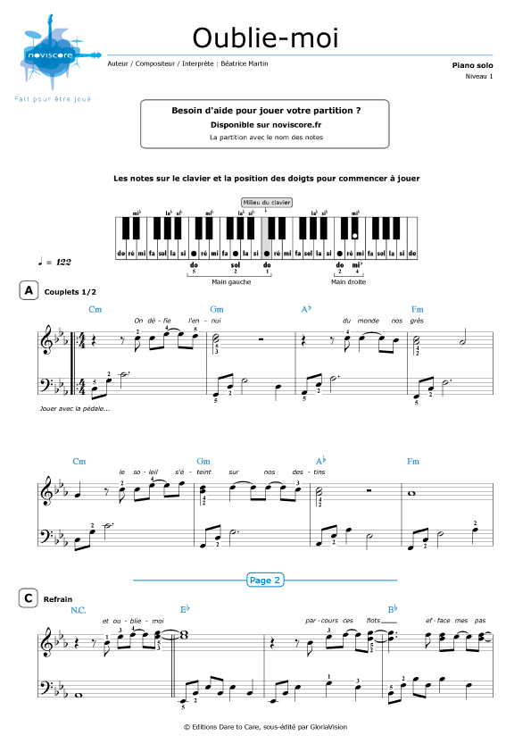 Partition piano Oubliemoi (Coeur de pirate) Partitions Noviscore