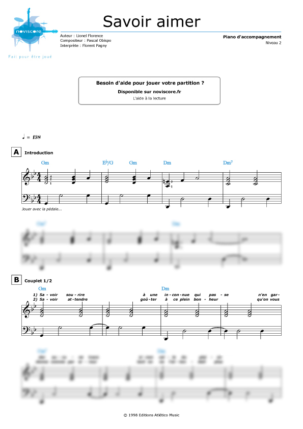 Partition piano Savoir aimer (Florent Pagny) Partitions Noviscore