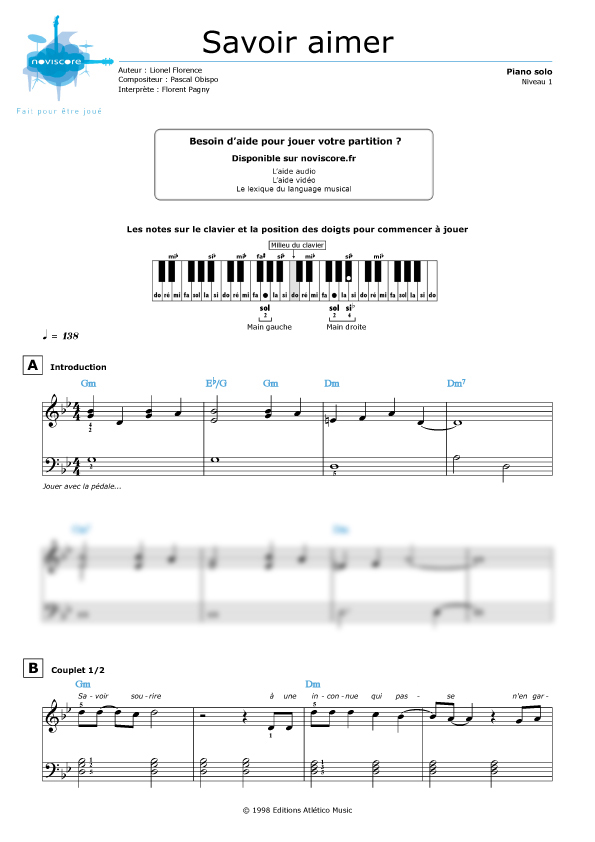 Partition piano Savoir aimer (Florent Pagny) Partitions Noviscore
