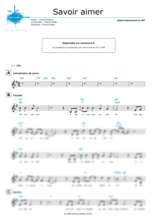 Partition Savoir aimer (Florent Pagny) partition facile Noviscore