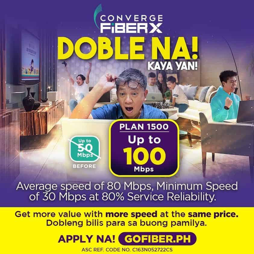 Converge FiberX Plan 1500 speed upgraded from 50Mbps to 100Mbps