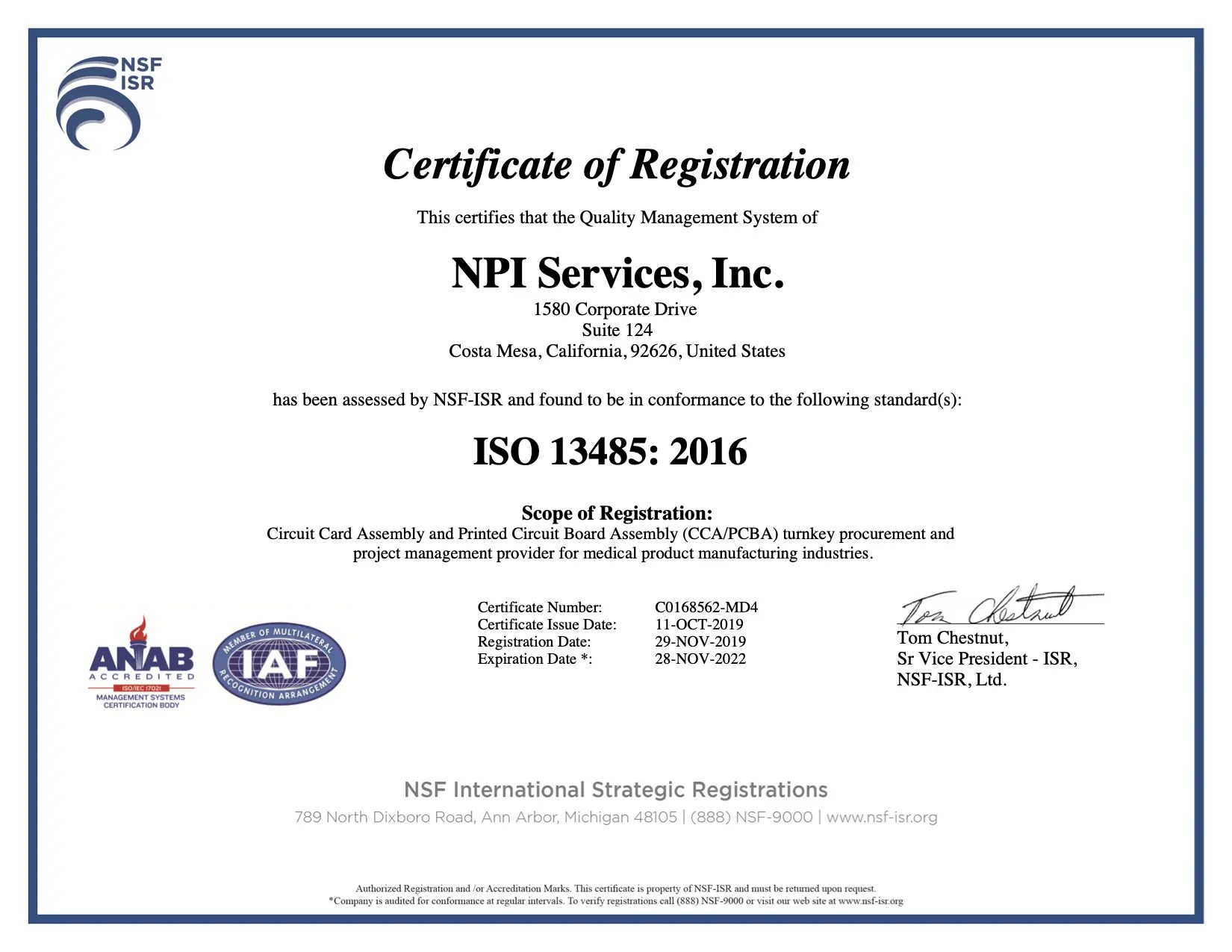 NPI Quality Certificates NPI Services Inc. Electronics PCB Assembly