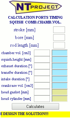 Utility to calculate ports timing - squish - combustion chamber volume