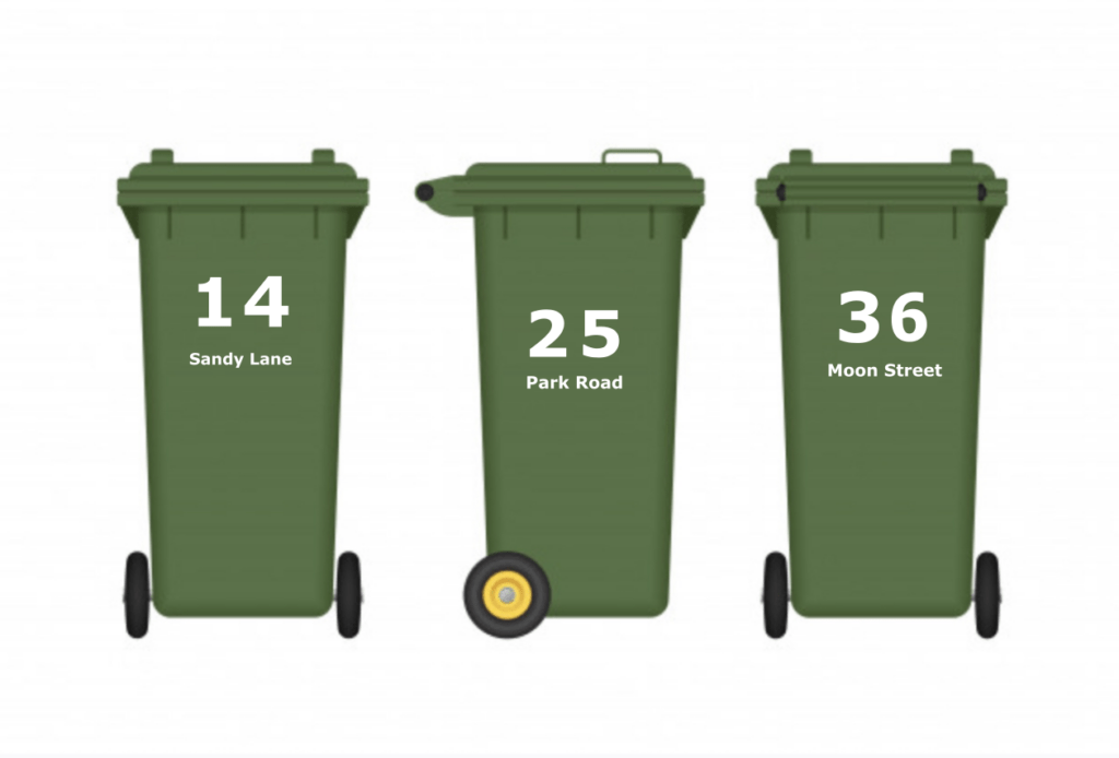 Wheelie bin numbers and street/road name, personalised text, trash can identifier, custom decals