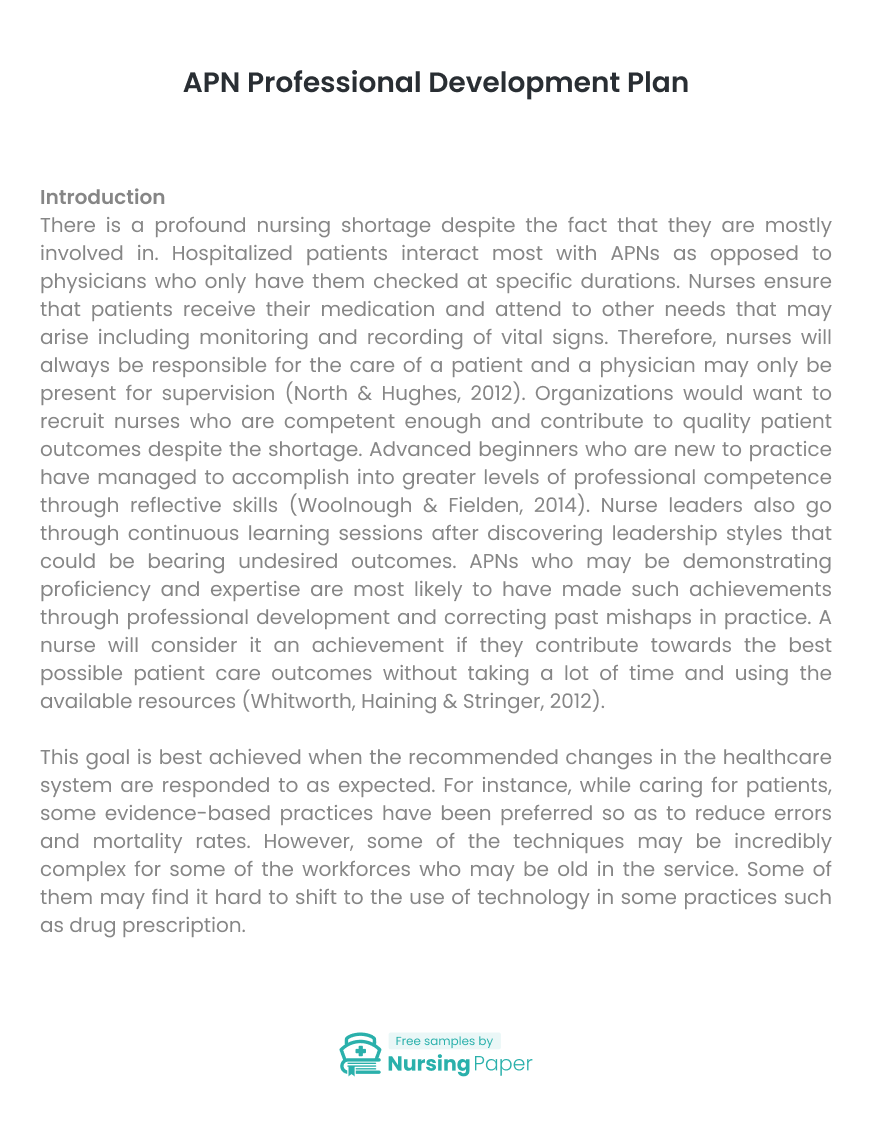 APN Professional Development Plan Essay [2968 words] Nursing Paper