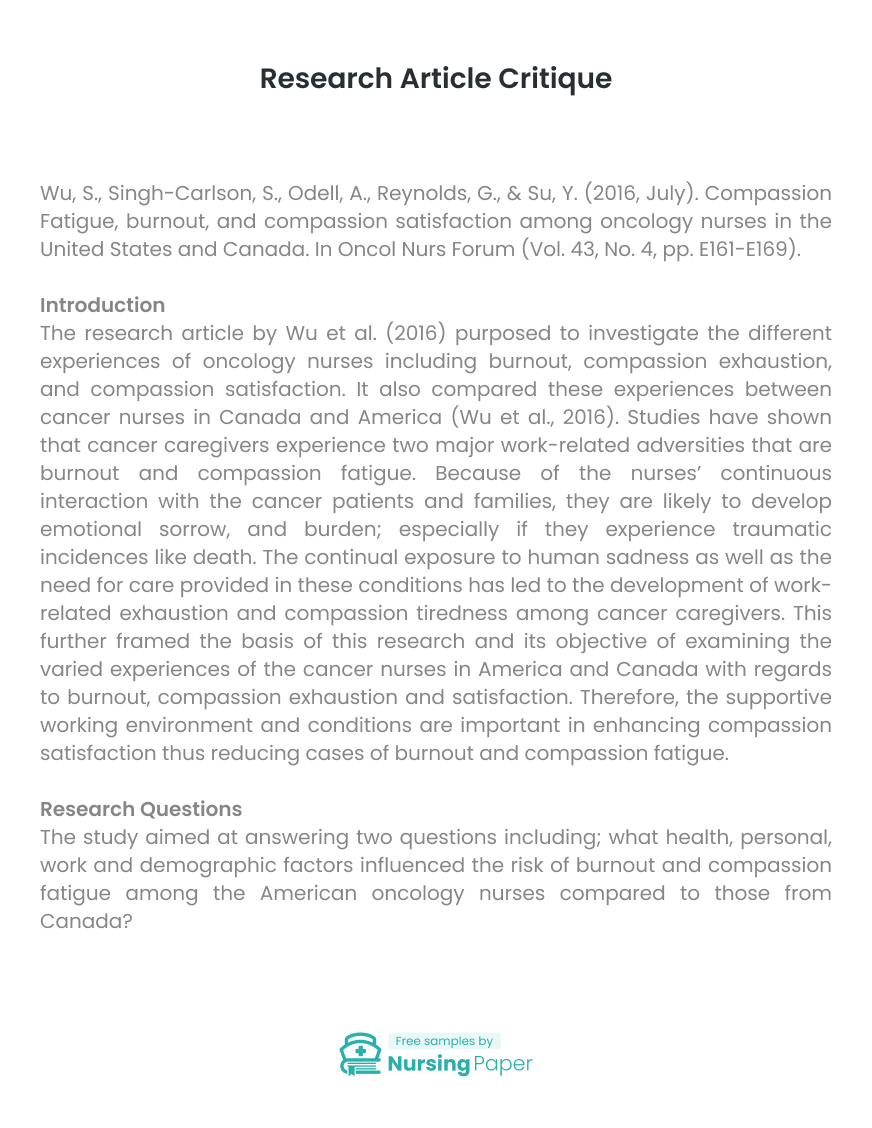 Research Article Critique Essay [1205 words] Nursing Paper