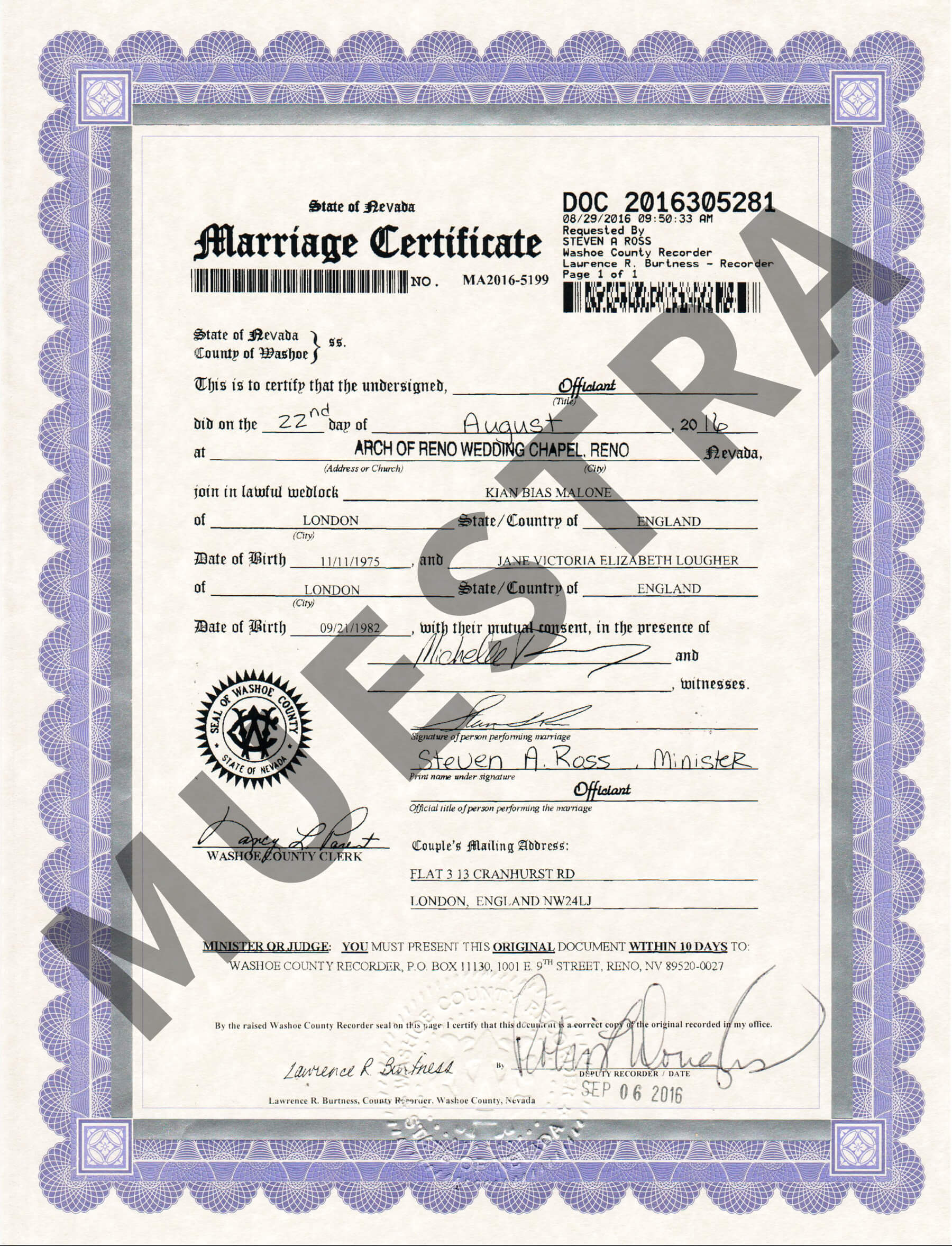 Muestras de Certificados Nevada Document Retrieval Service