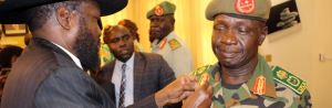 South Sudan's warring president Salva Kiir decorates newly appointed army chief General James Ajongo during his swearing-in ceremony at the Presidential Palace in Juba, South Sudan, May 10, 2017(Photo: file)