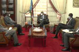First Vice President, Dr. Riek Machar Teny, meeting the African Union (AU) Ambassador to South Sudan, Professor Joram Bisworo, September 28, 2020(Photo credit: OFVP/SSNN)