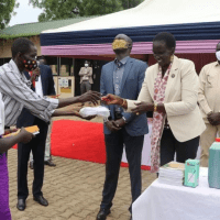 Vice President Rebecca Nyandeng reopens a Face Mask Production and Distribution Center.