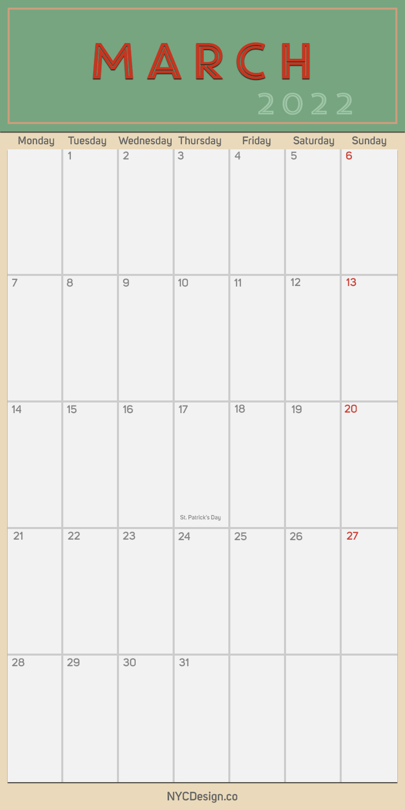 2022 March Monthly Calendar, Planner, Printable Free