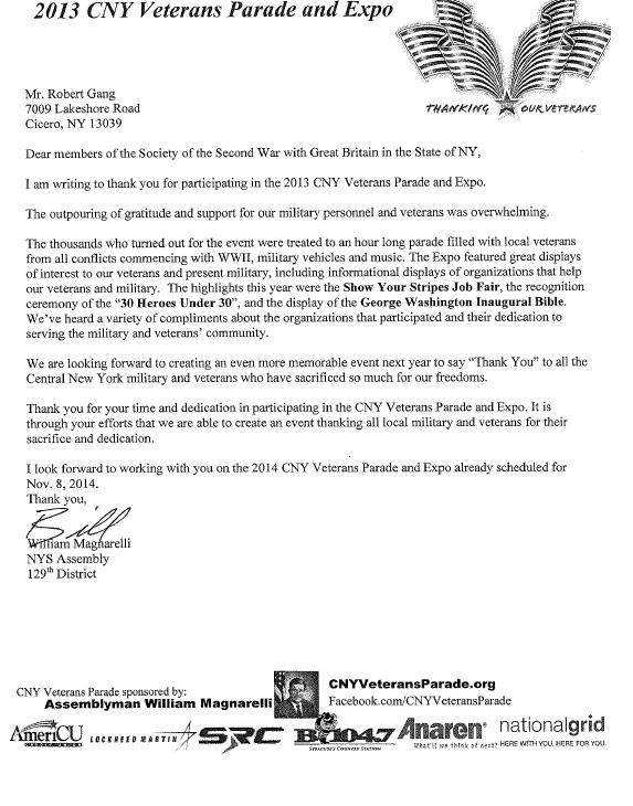 Letter of Thanks from NYS Assemblyman Magnarelli of the 129th District