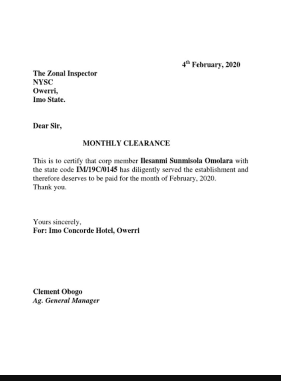 Monthly Clearance Letter For NYSC Sample & Details