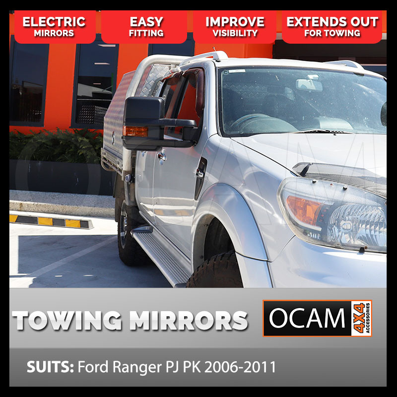 OCAM Extendable Towing Mirrors For Ford Ranger PJ PK 20062011, Black, Orange Indicators, Electric
