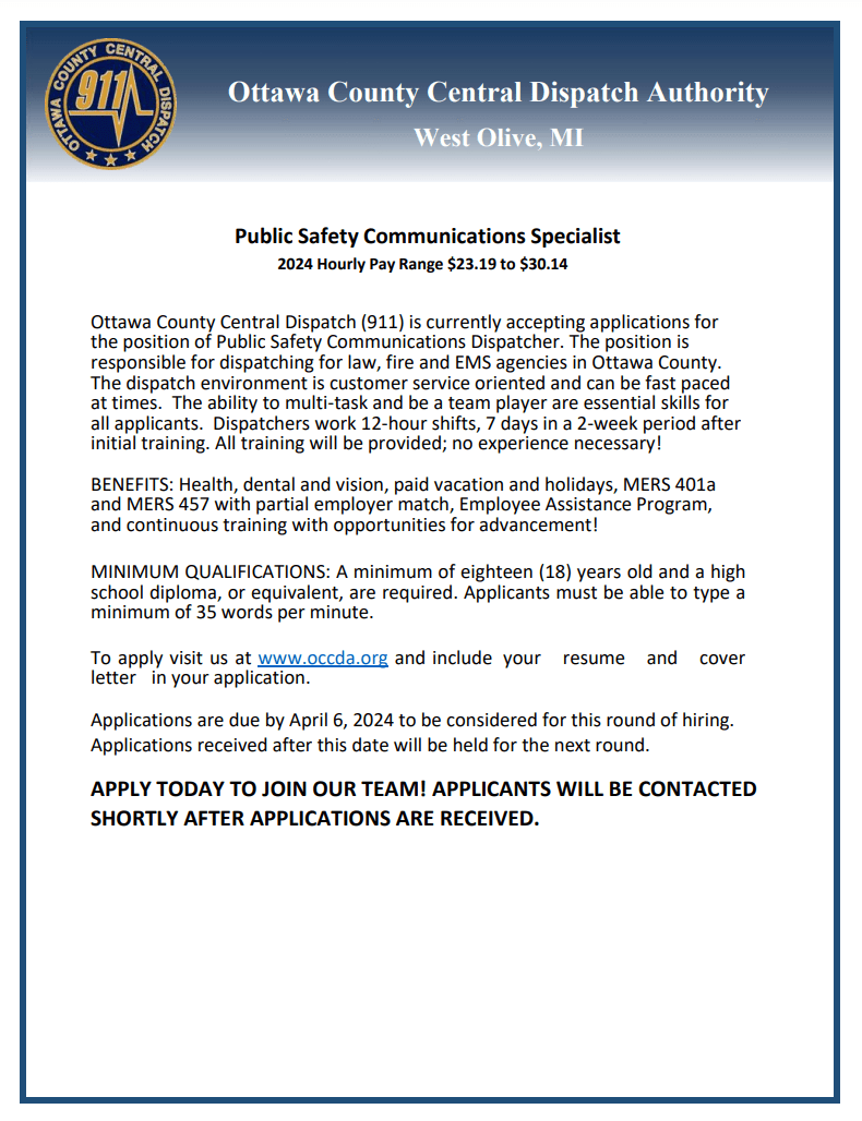 Career Opportunities Ottawa County Central Dispatch Authority