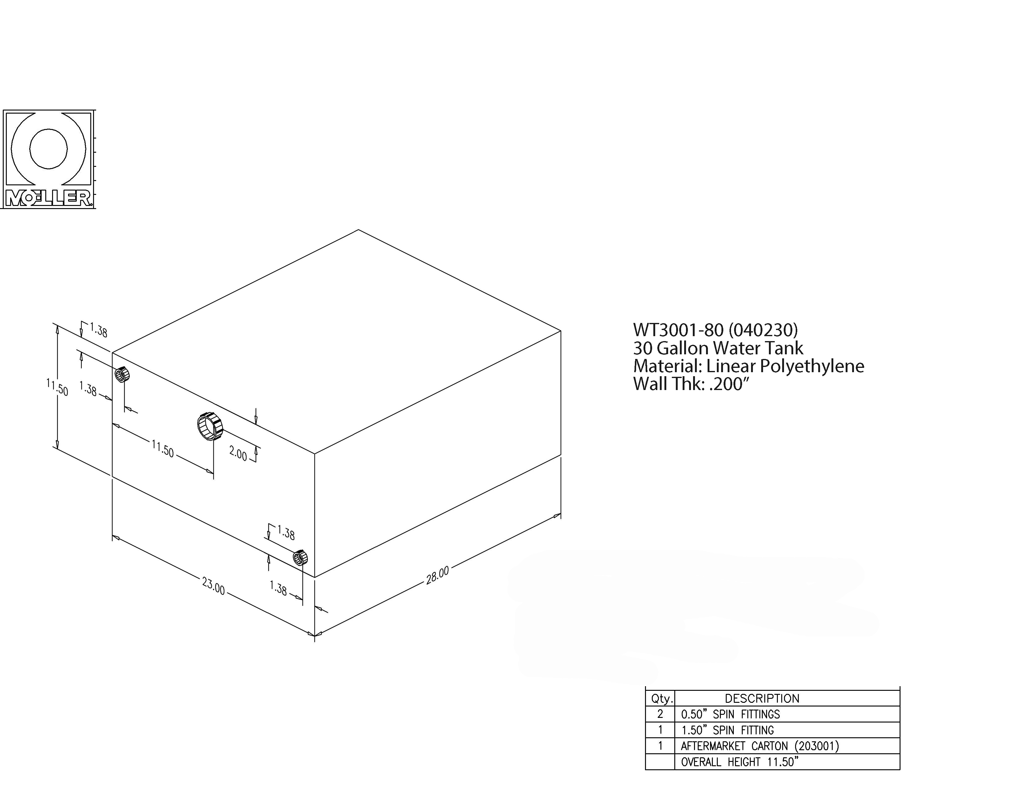 30 Gallon Rectangular Shaped Waste/Water Tank, 28"x23"x11.5", WT300180