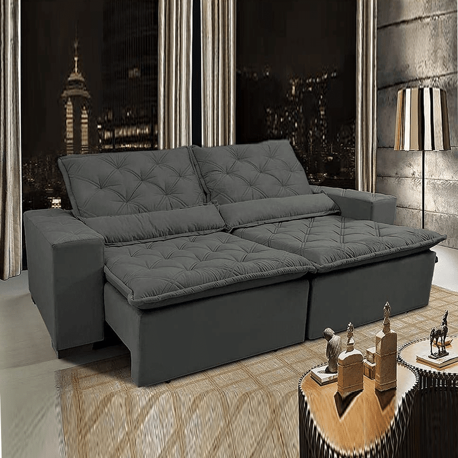 Sofá Lisboa 2,12m Retrátil, Reclinável com Molas no Assento Tecido Suede Grafiato Grafite Cama