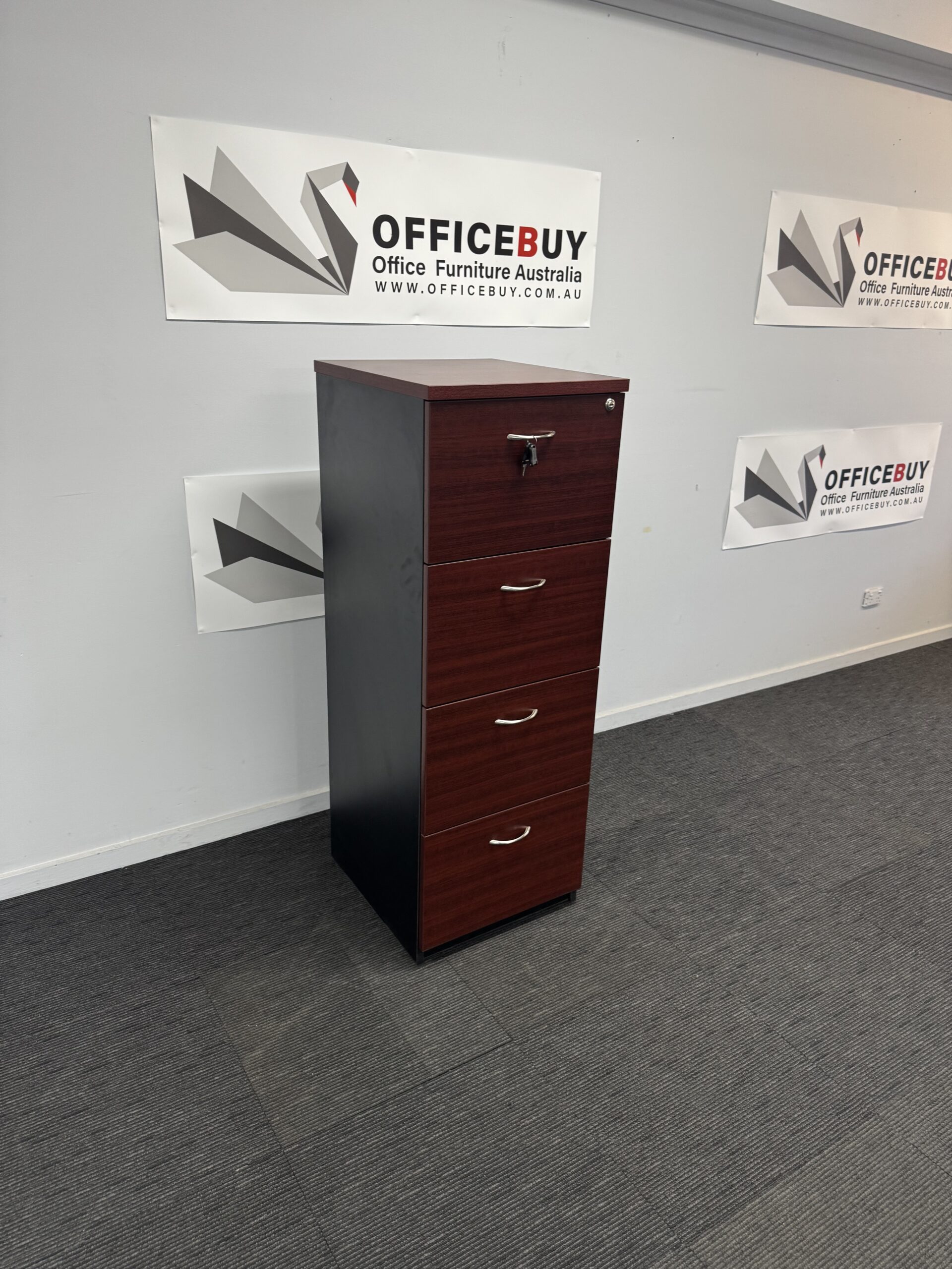 Second Hand Timber Lockable Four Drawer Filing and Black