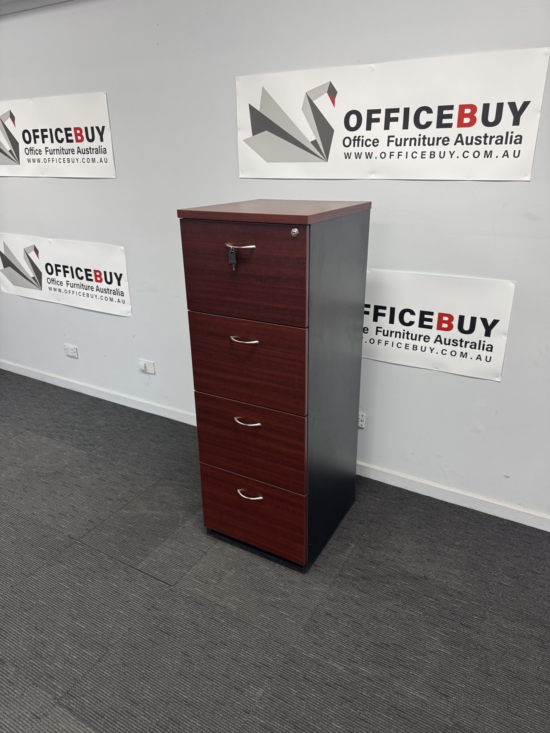 Second Hand Timber Lockable Four Drawer Filing and Black