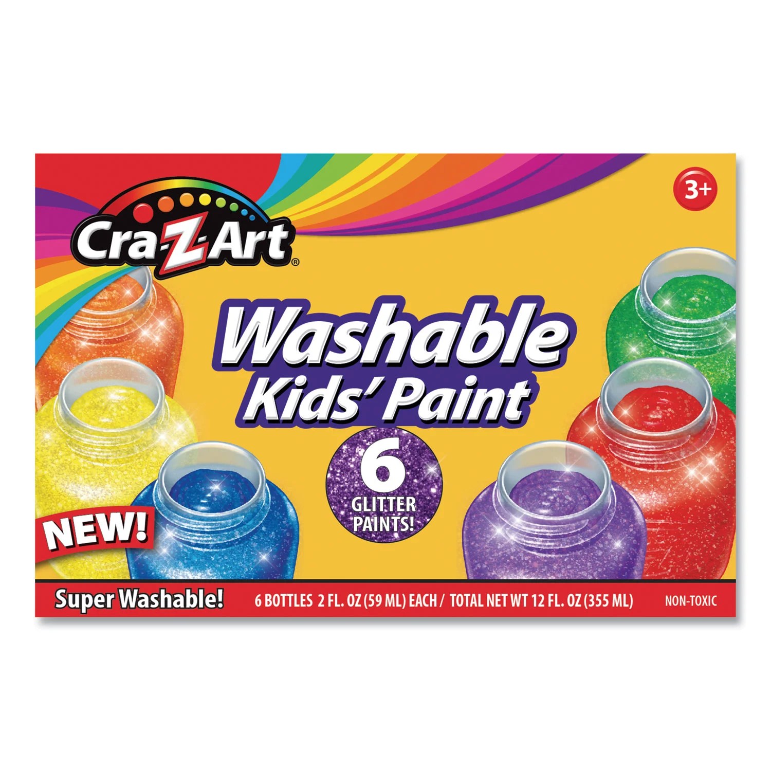 CraZArt Washable Kids Glitter Paint, 2 oz, Assorted Colors, 6/Set