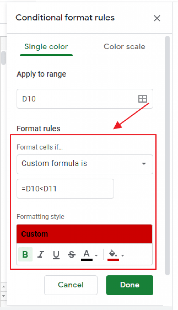 Conditional Formatting based on Another Cell in Google Sheets