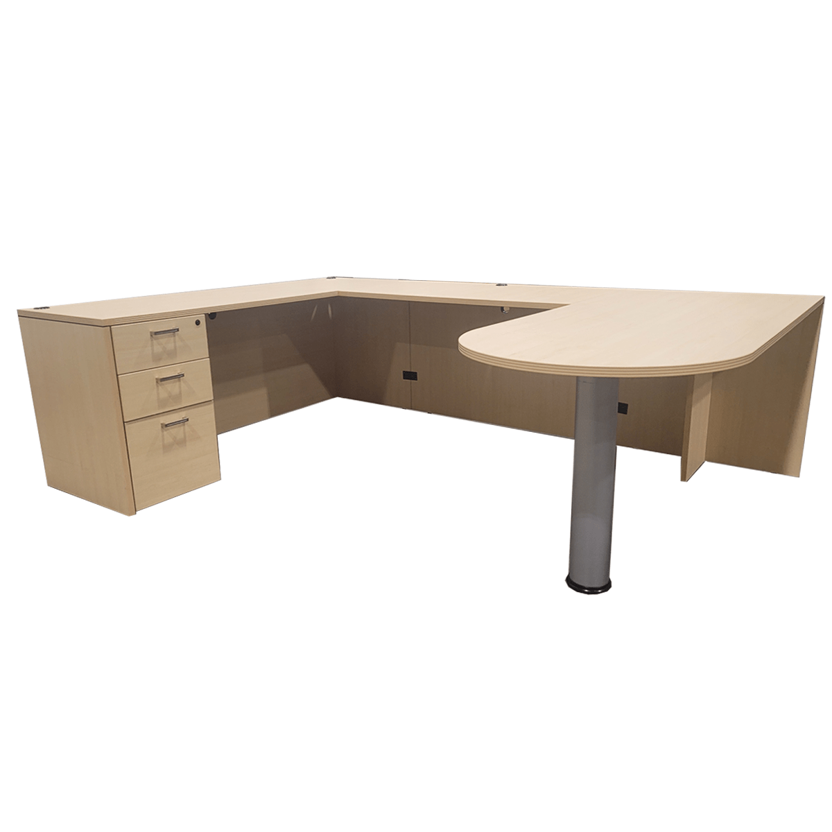 66" W Maple Laminated Bullet Top UShape Desk W/ Box Box File Pedestal