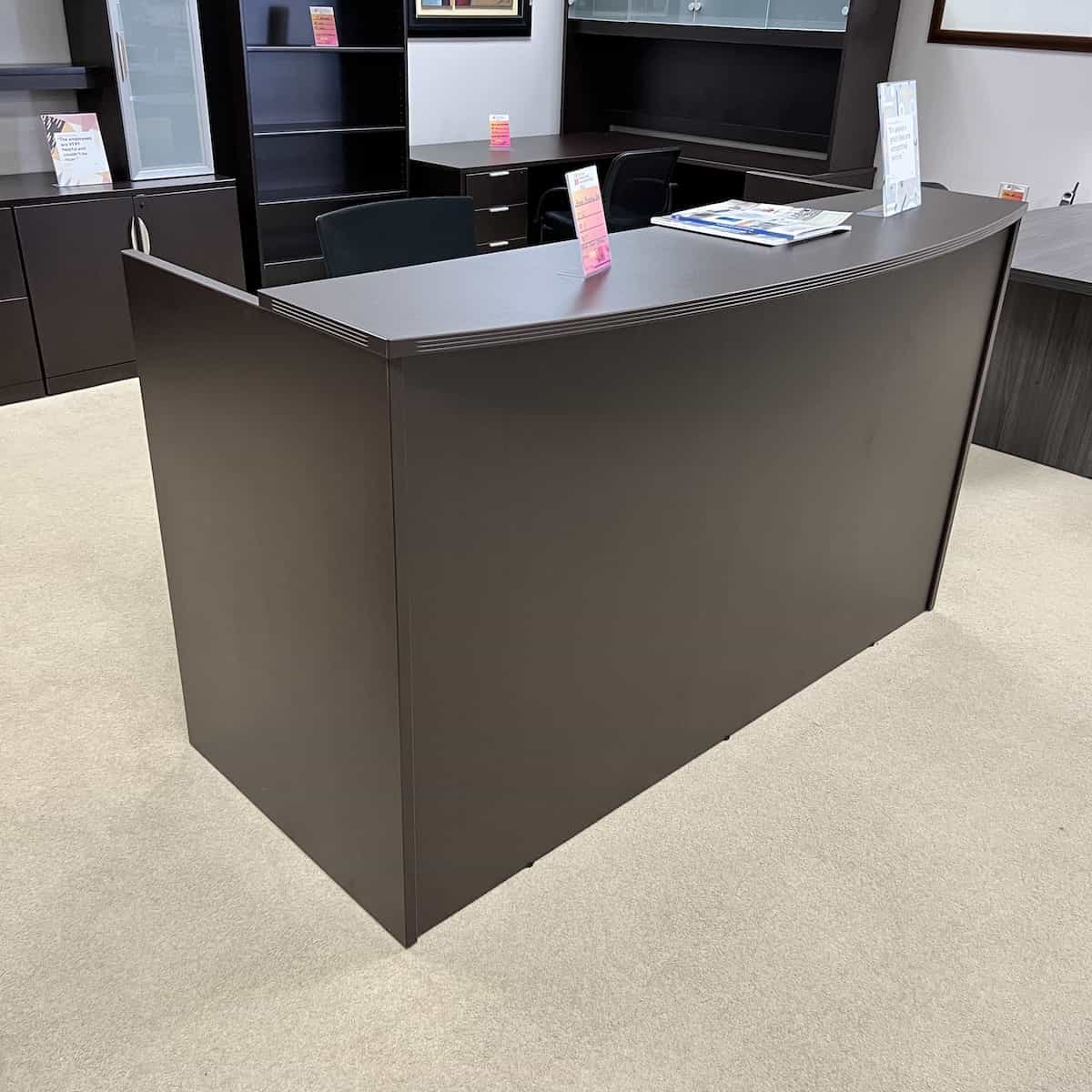 71" Espresso Reception LDesk with Laminate Transaction Top Left