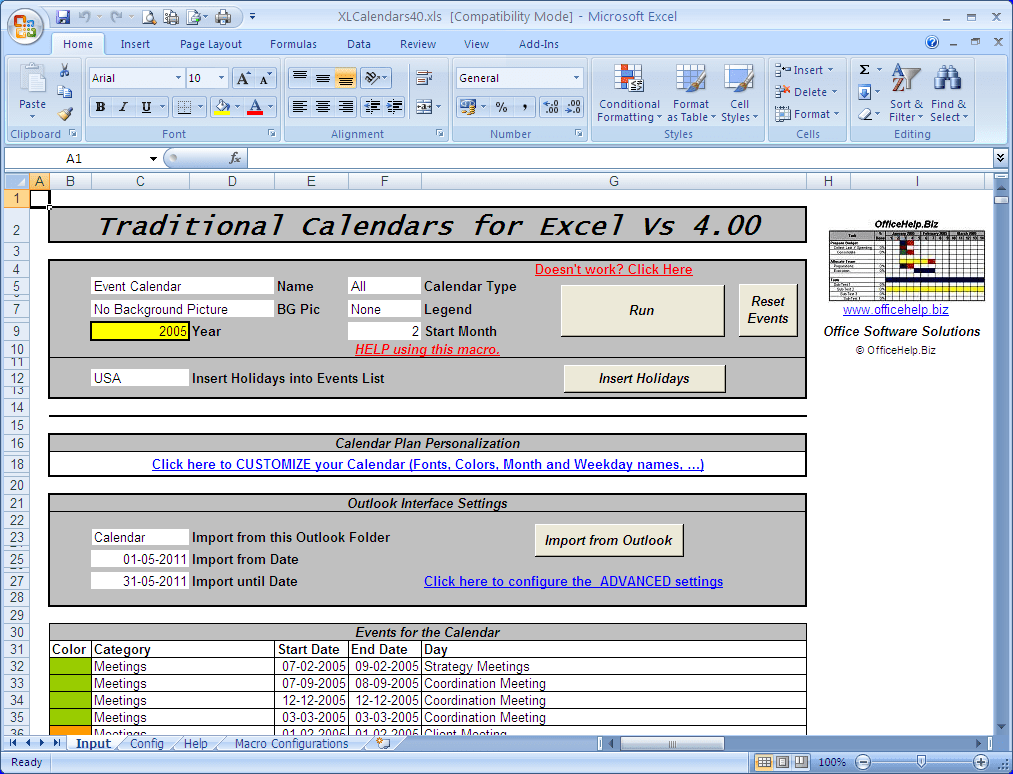 OfficeHelp Macro (00037) Traditional Calendars for Excel