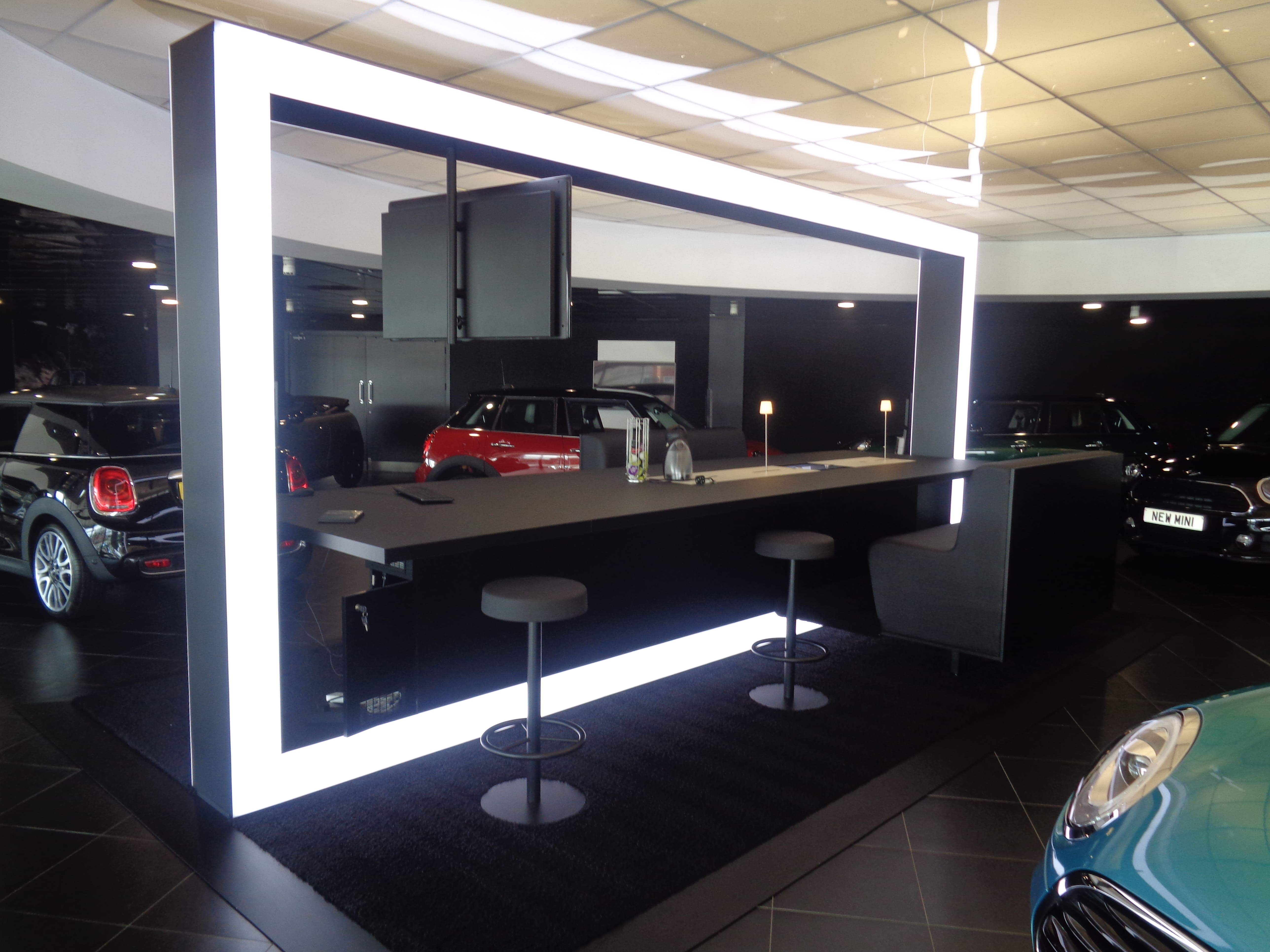 Bespoke automotive car showroom counters reception breakout areas