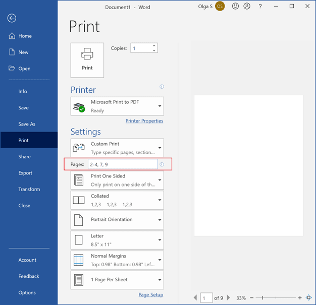 How to print a selected text or specific pages on both sides of the