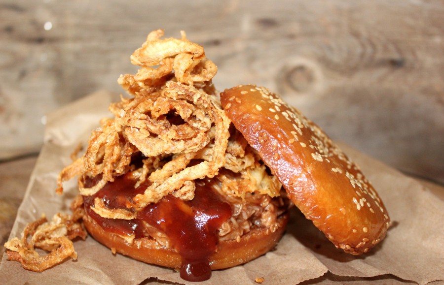 Pulled Pork & Onion Straw Sandwich…on a Fried Bun! Oh Bite It