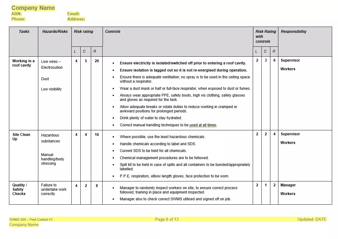SWMS Pest Control Safe Work Method Statements