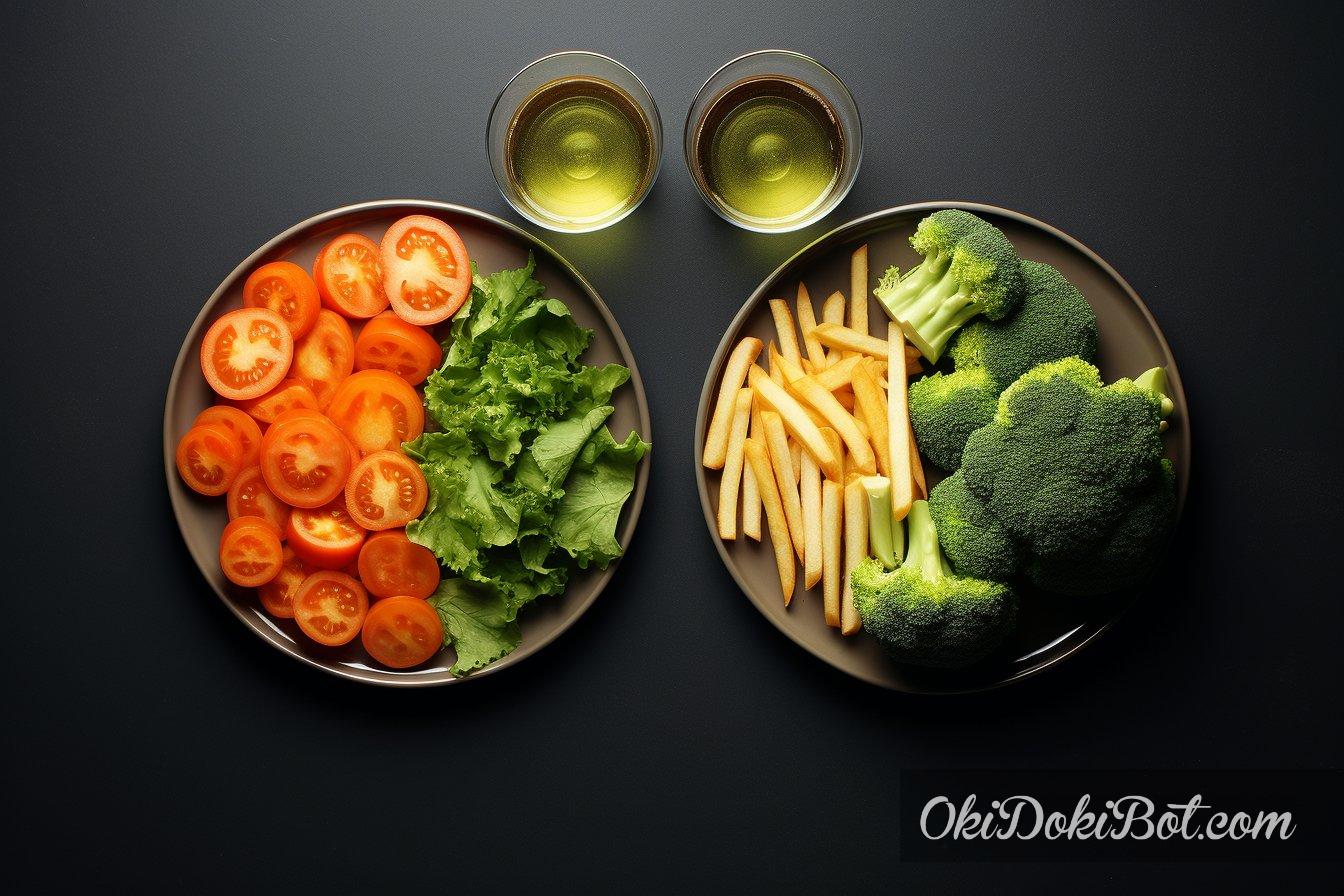 Healthy and unhealthy food background from fruits and vegetables vs