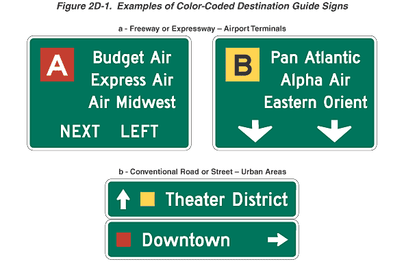 Figure 2D1. Examples of ColorCoded Destination Guide Signs