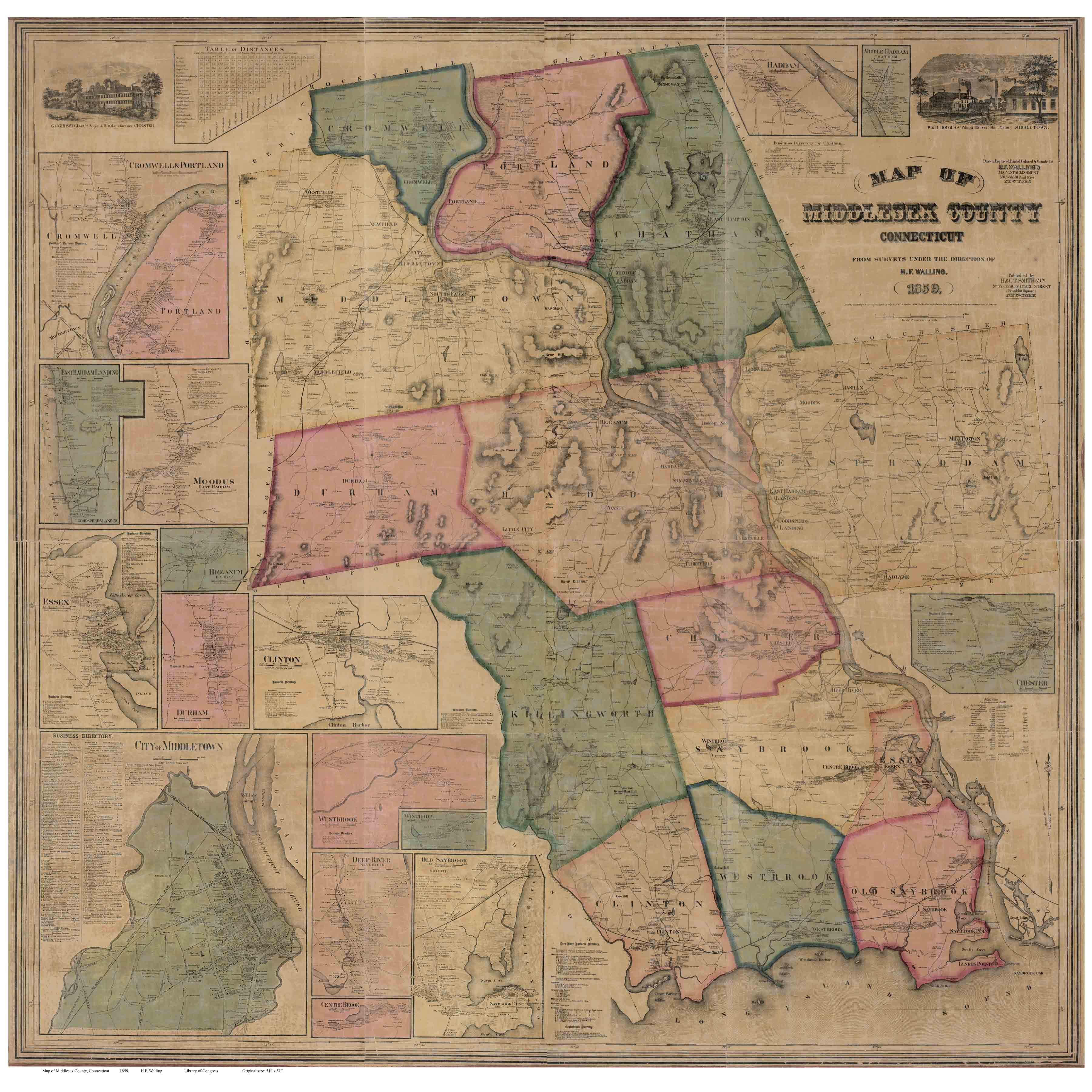 Map of Middlesex County CT 1859 Wallmap Reprint