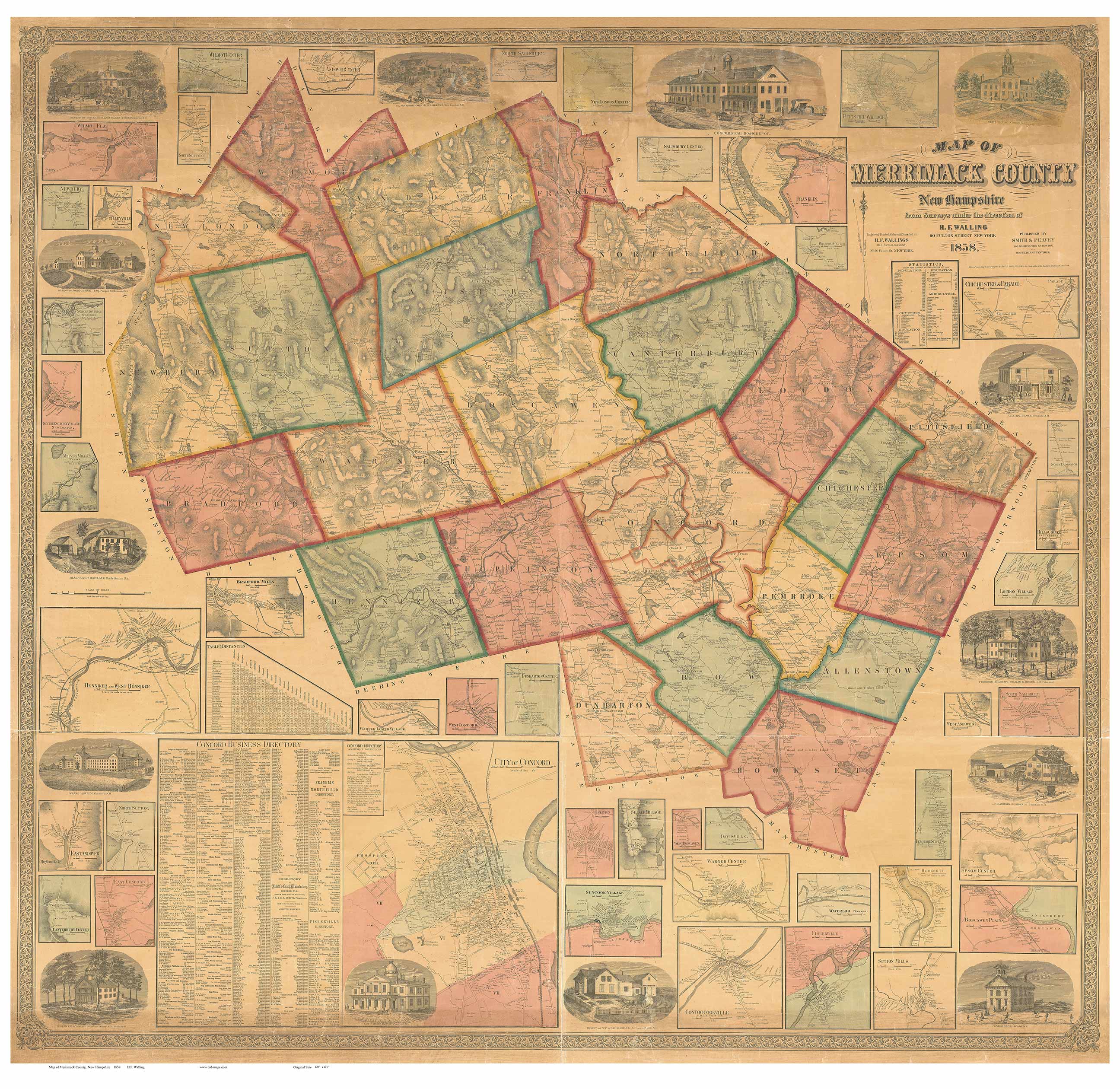 1858 Merrimack County New Hampshire Wall Map