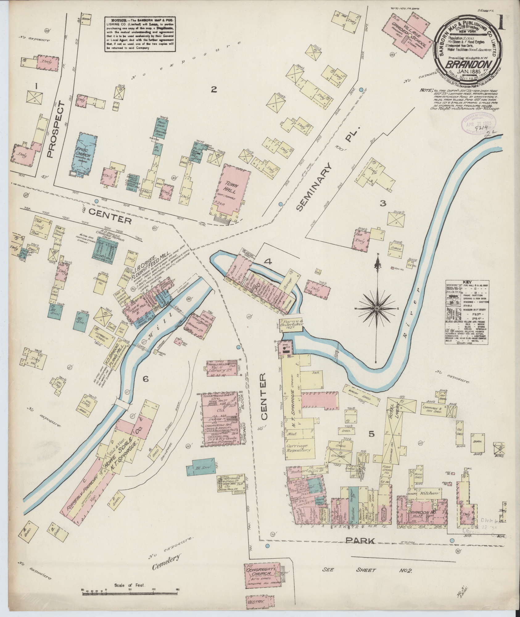 Brandon, VT Fire Insurance 1885 Sheet 1 Old Town Map Reprint OLD MAPS